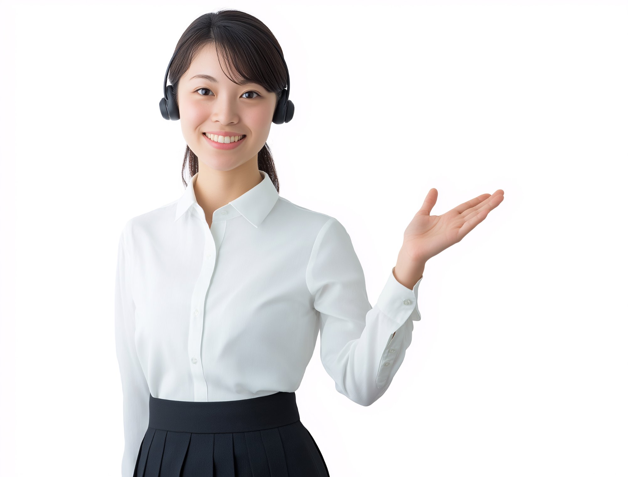 ヘッドセットを付けた女性スタッフが笑顔で案内